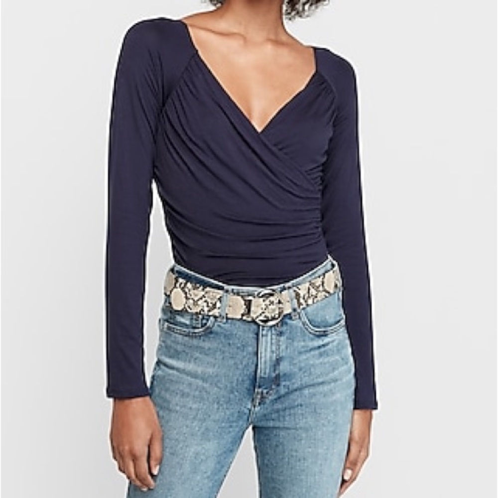NWT Express Dark Navy Ruched Wrap Front Long Sleeve Women’s Top Evening Feminine